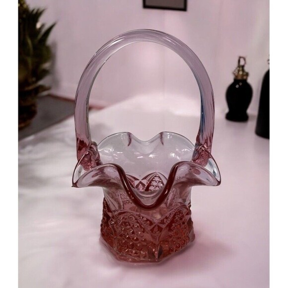 Vintage Fenton Colonial Button & Arch Basket Ruffled Edge Pink Dusty Rose MCM - Picture 1 of 10
